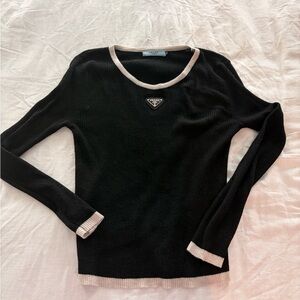 Prada Black Ribbed Sweater with Taupe Trim